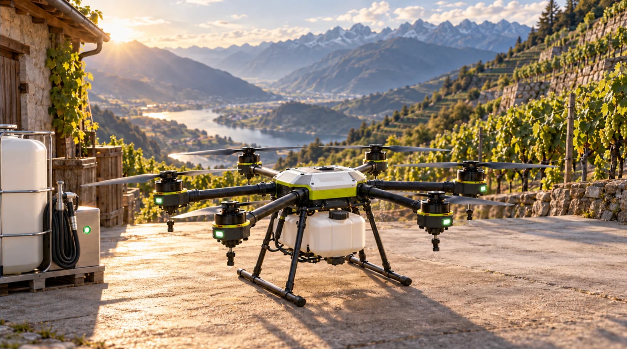 A spraying drone on a terrace above a vineyard and a mountain lake