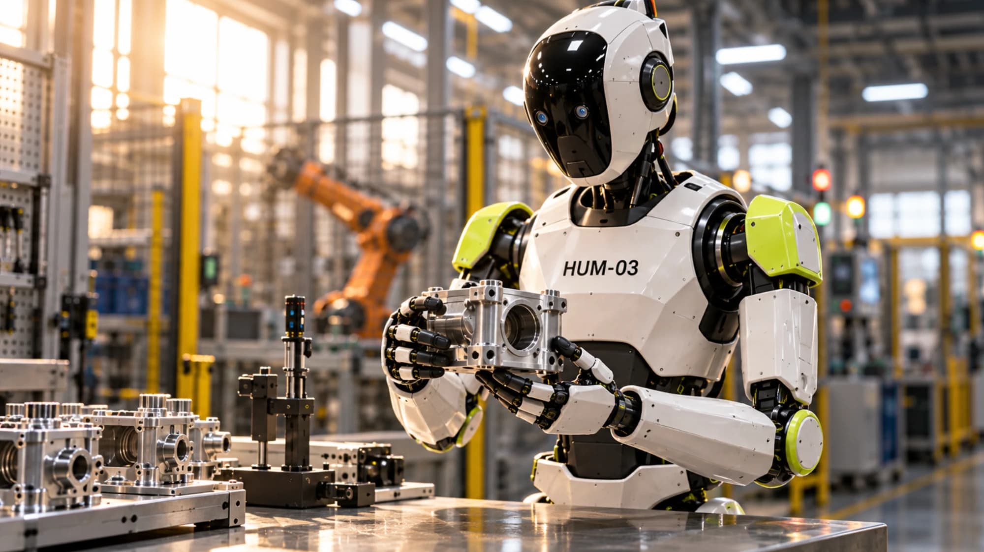 A humanoid robot holding a machined part at a factory workbench